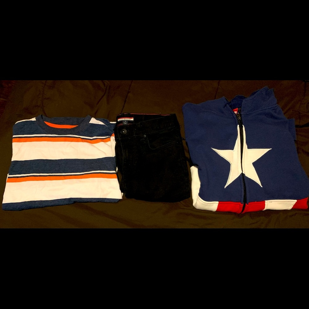 Cat & Jack M 8/10, Tommy Hilfiger jean shorts 12, Captain America jacket